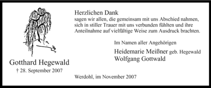 Traueranzeige für Gotthard Hegewald vom 06.11.2007 aus Tageszeitung