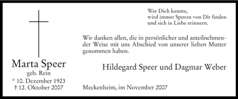  Traueranzeige für Marta Speer vom 06.11.2007 aus Tageszeitung