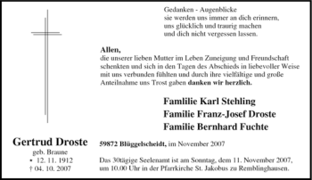 Traueranzeige von Gertrud Droste von Tageszeitung