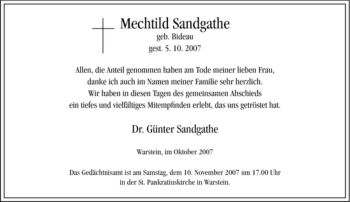 Traueranzeige von Mechtild Sandgathe von Tageszeitung