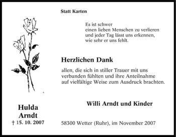 Traueranzeige von Hulda Arndt von Tageszeitung