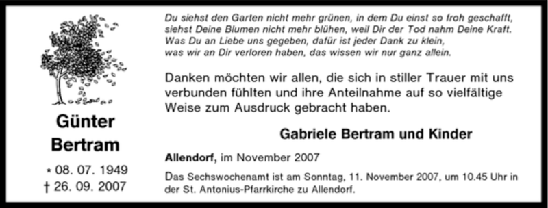  Traueranzeige für Günter Bertram vom 08.11.2007 aus Tageszeitung