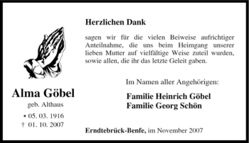 Traueranzeige von Alma Göbel von Tageszeitung