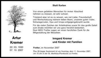 Traueranzeige von Artur Kremer von Tageszeitung