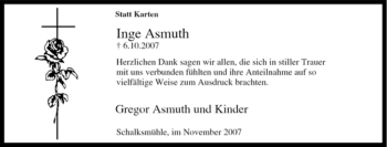 Traueranzeige von Inge Asmuth von Tageszeitung