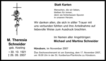 Traueranzeige von M. Theresia Schneider von Tageszeitung