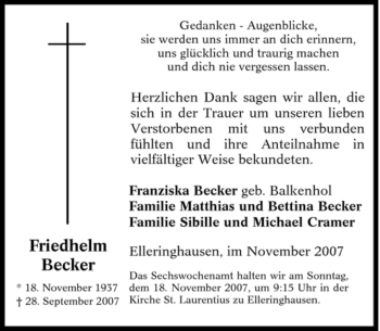 Traueranzeige von Friedhelm Becker von Tageszeitung