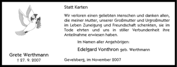 Traueranzeige von Grete Werthmann von Tageszeitung