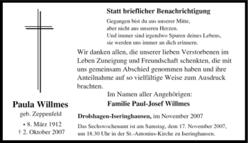 Traueranzeige von Paula Willmes von Tageszeitung