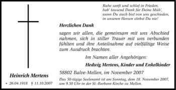 Traueranzeige von Heinrich Mertens von Tageszeitung