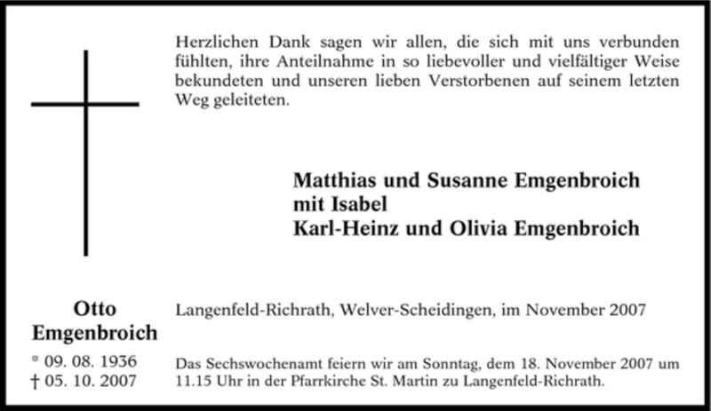  Traueranzeige für Otto Emgenbroich vom 10.11.2007 aus Tageszeitung