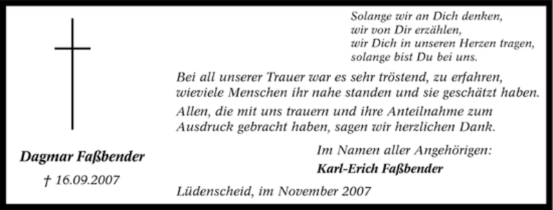  Traueranzeige für Dagmar Faßbender vom 10.11.2007 aus Tageszeitung