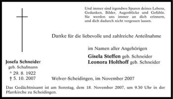 Traueranzeige von Josefa Schneider von Tageszeitung