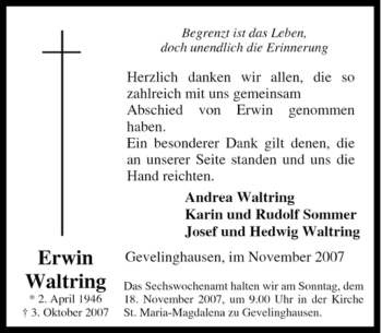 Traueranzeige von Erwin Waltring von Tageszeitung