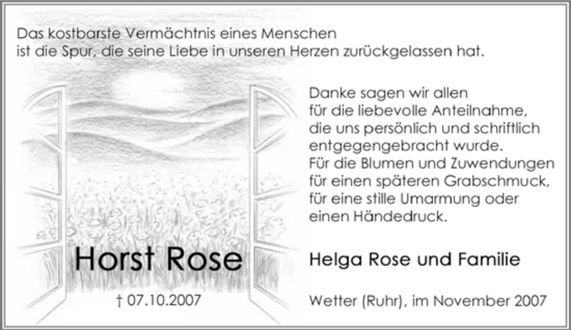  Traueranzeige für Horst Rose vom 10.11.2007 aus Tageszeitung