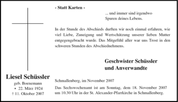 Traueranzeige von Liesel Schüssler von Tageszeitung