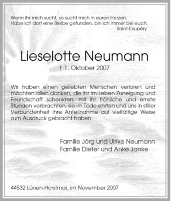 Traueranzeige von Lieselotte Neumann von Tageszeitung