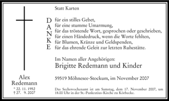 Traueranzeige von Alex Redemann von Tageszeitung
