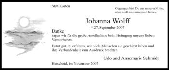 Traueranzeige von Johanna Wolff von Tageszeitung
