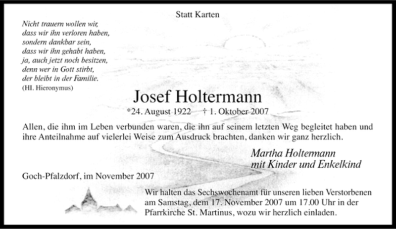  Traueranzeige für Josef Holtermann vom 12.11.2007 aus Tageszeitung