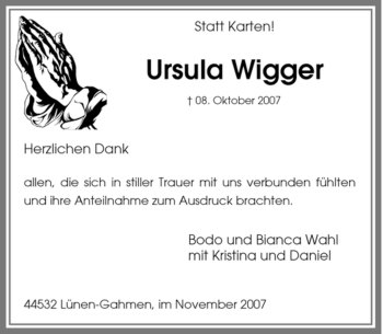 Traueranzeige von Ursula Wigger von Tageszeitung