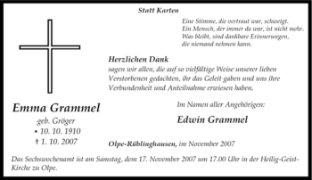 Traueranzeige von Emma Grammel von Tageszeitung