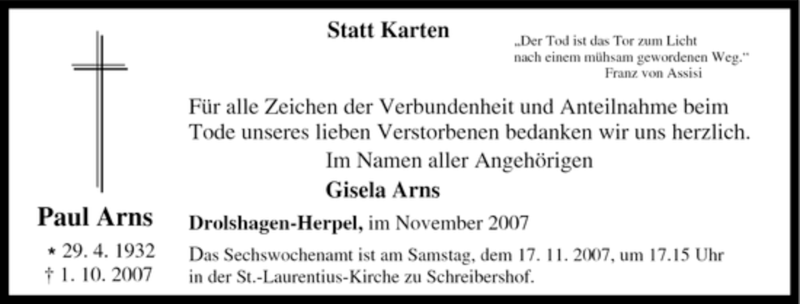  Traueranzeige für Paul Arns vom 13.11.2007 aus Tageszeitung