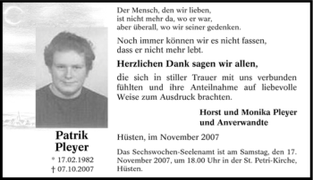 Traueranzeige von Patrik Pleyer von Tageszeitung