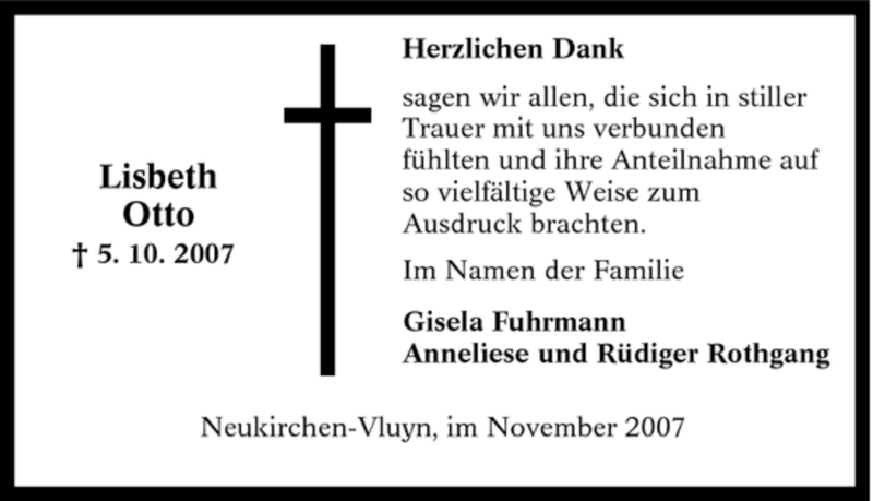  Traueranzeige für Lisbeth Otto vom 13.11.2007 aus Tageszeitung