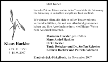 Traueranzeige von Klaus Hackler von Tageszeitung