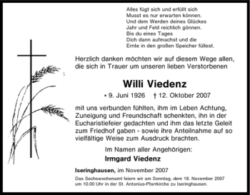 Traueranzeige von Willi Viedenz von Tageszeitung