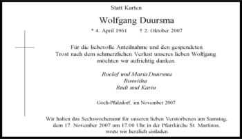 Traueranzeige von Wolfgang Duursma von Tageszeitung
