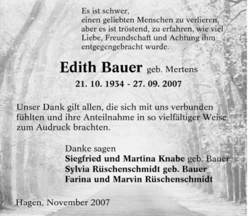 Traueranzeige von Edith Bauer von Tageszeitung