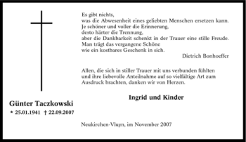 Traueranzeige von Günter Taczkowski von Tageszeitung