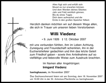 Traueranzeige von Willi Viedenz von Tageszeitung