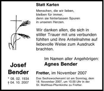 Traueranzeige von Josef Bender von Tageszeitung