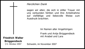 Traueranzeige von Friedrich Walter Brüggendieck von Tageszeitung