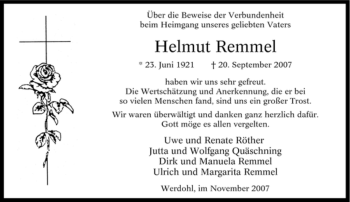 Traueranzeige von Helmut Remmel von Tageszeitung