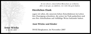Traueranzeige von Artur Witzke von Tageszeitung