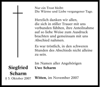 Traueranzeige von Siegfried Scharm von Tageszeitung