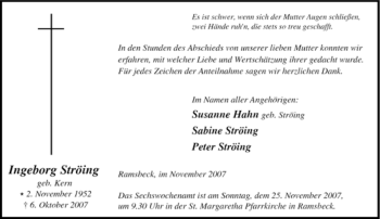 Traueranzeige von Ingeborg Ströing von Tageszeitung