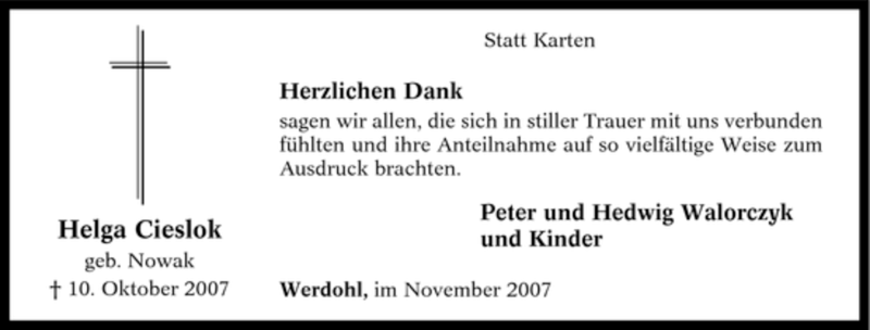  Traueranzeige für Helga Cieslok vom 17.11.2007 aus Tageszeitung