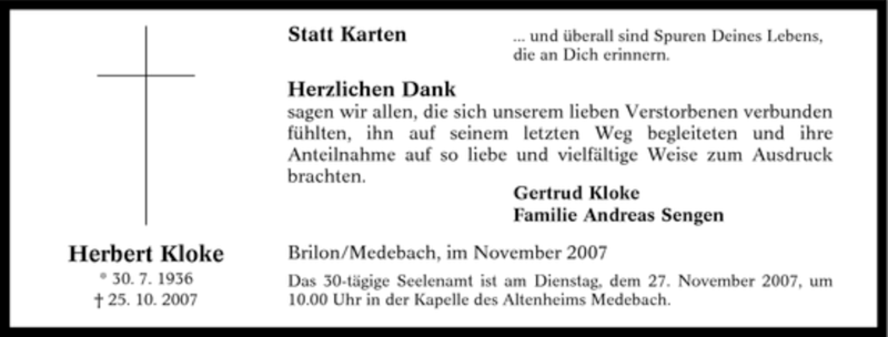  Traueranzeige für Herbert Kloke vom 17.11.2007 aus Tageszeitung