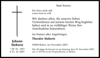 Traueranzeige von Johann Siebertz von Tageszeitung