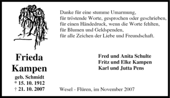 Traueranzeige von Frieda Kampen von Tageszeitung