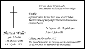 Traueranzeige von Albert Schmidt
Theresia Weller von Tageszeitung