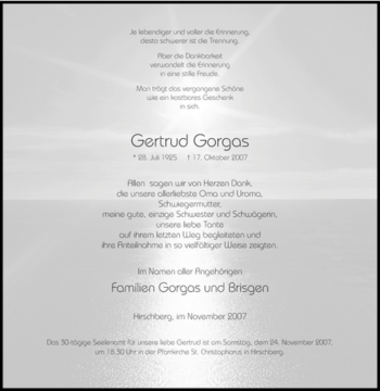 Traueranzeige von Gertrud Gorgas von Tageszeitung
