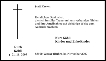 Traueranzeige von Ruth Köhli von Tageszeitung