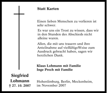 Traueranzeige von Siegfried Lohmann von Tageszeitung