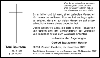 Traueranzeige von Toni Spurzem von Tageszeitung